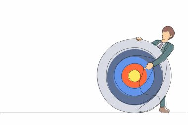 Okçu hedefini ya da gösterge panelini hedef alan bir iş adamını sürekli tek bir çizgi halinde çekmek. İş hedefine odaklan, motivasyon hedefini belirle. Tek çizgi tasarım vektör grafik çizimi