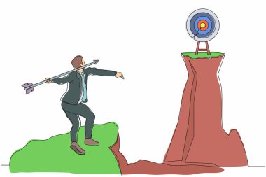 Devamlı bir çizgi halinde işadamı uçurumun tepesinde durup okla dart tahtasını hedef alıyor. İş adamı uçuruma nişan alıyor. Başarı iş metaforu. Tek çizgi tasarım vektörü grafiği
