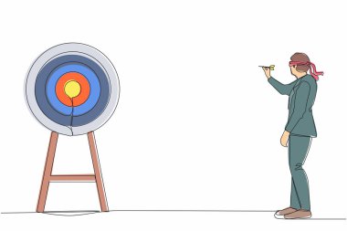 Tek sıra halinde gözü bağlı işadamını çekiyor ve hedefi vuruyor. Gözü bağlı işadamı soru işaretiyle hedefi dartla vurmaya çalışıyor. Bir çizgi çizimi grafik tasarım vektörü