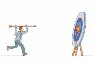 Tek bir çizgi pozitif hırslı işadamını hedefin üzerine çekiyor. Gol başarı konsepti. İş amacı, hedef, strateji başarı konsepti. Devamlı çizgi çizimi grafik vektörü