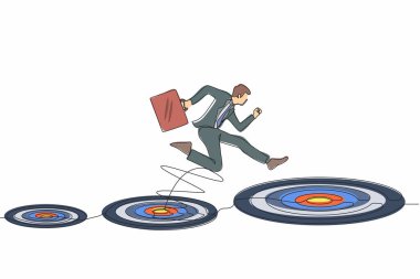 Tek sıra halinde iş adamı daha büyük bir hedefe atlıyor, başarılı bir şekilde. Kariyerinde ya da iş geliştirme konseptinde ilerleme. Heves ve motivasyon. Devamlı çizgi çizimi grafik vektörü