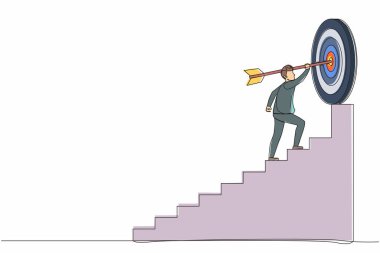 Aralıksız bir çizgi üzerinde ok atan işadamı hedefine doğru koşuyor, motivasyon ilerliyor, hedefe ulaşmak için yüksek bir yol, merdivenlerden geçmek, başarı adımları. Tek çizgi tasarım vektörü