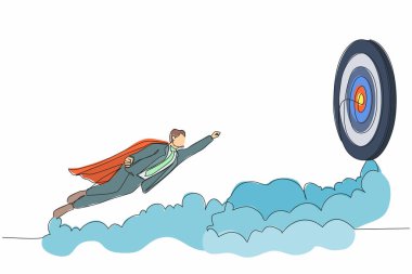 Devamlı bir çizgi halinde pelerinli süper kahraman iş adamı hedefe doğru uçuyor. İş başarısı, liderlik, profesyonellik, hedef başarısı. Tek çizgi çizimi tasarım vektörü grafik çizimi