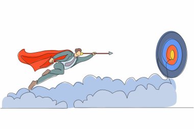 Başarıya ulaşmak için okla ileri uçan süper kahraman işadamlarının çizdiği bir çizgi devam ediyor. Güç liderliği hırsı ve başarı. Tek çizgi çizimi tasarım vektörü grafik çizimi