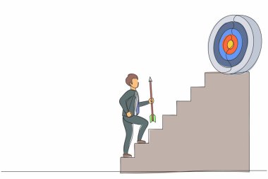 Tek sıra halinde, yüksek hedefe doğru koşan bir işadamının elinde ok tutuyor. İş büyümesi kavramı ve başarıya giden yol. Kariyer yolu. Bir çizgi çizimi grafik tasarım vektör çizimi