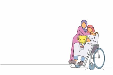 Tekerlekli sandalyedeki engelli bir adamı başarılarından ve zaferinden duyduğu hazzı karısıyla paylaşan kupayla sürekli bir çizgi halinde çiziyor. Engelli insanlar sporda başarılıdır. Tek çizgi tasarım vektörü