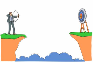 Tek sıra halinde bir iş adamı elinde okçuyla uçurumun kenarında dikiliyor. İş hedefi hedefleri. Başarılı olmaya zorlanan adam. Hedefi ok ve yayla vuruyoruz. Devamlı çizgi çizimi tasarım vektörü grafiği