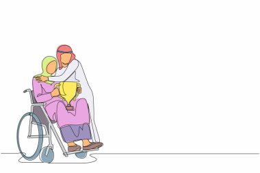 Tekli sandalyedeki engelli kadını zaferlerini ve başarılarını paylaşan ödül kupasıyla çeken tek sıra. Kocasıyla zafer. Engelli insanlar sporda başarılıdır. Bir çizgi tasarım vektörü
