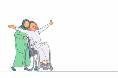 Tek sıra halinde, tekerlekli sandalyedeki mutlu sakat bir Arap 'ı sevgili karısıyla dışarıda yürürken, eğlenirken, birlikte vakit geçirirken çiziyor. Engelli çift eğleniyor. Devamlı çizgi tasarım vektörü