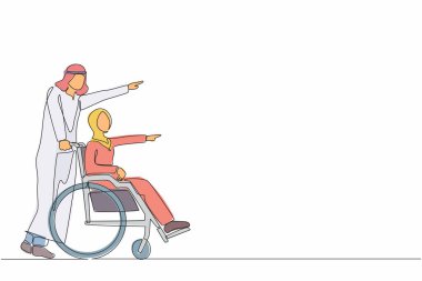 Sürekli mutlu bir Arap kadını çizen tek sıra açık havada eğleniyor ve kocasıyla parkı işaret ediyor. Tekerlekli sandalyedeki kadını iten bakıcı adam, sağlık hizmetlerinin keyfini çıkar. Bir çizgi grafik tasarım vektörü