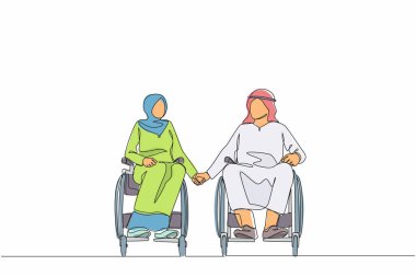 Tekerlekli sandalyedeki engelli insanların mutlu ve aktif yaşam tarzı konseptini çizmesi. Tekerlekli sandalyede oturan ve el ele tutuşan engelli Arap çift. Tek çizgi çizme tasarım vektörü