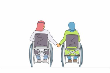 Tekerlekli sandalyedeki engelli insanların mutlu mesut yaşadıkları tek sıra. Tekerlekli sandalyede oturan ve el ele tutuşan engelli Arap çift. Bir çizgi tasarım vektörü