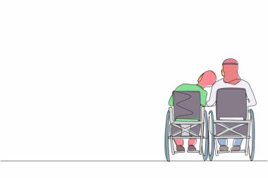 Arkaya bakan engelli bir çift sürekli olarak tekerlekli sandalyede oturup birbirleriyle konuşuyorlar. Erkekler başlarını kadınların omuzlarına yaslar. Özürlü insanlar. Tek çizgi çizme tasarım vektörü