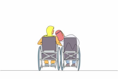 Arkaya bakan engelli bir çift sürekli olarak tekerlekli sandalyede oturup birbirleriyle konuşuyorlar. Erkekler başlarını kadınların omuzlarına yaslar. Özürlü insanlar. Tek çizgi çizme tasarım vektörü