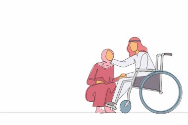 Tekli sandalyedeki adamın önünde diz çöken bir Arap kadını çiziyor. Tekerlekli sandalyede oturan engelli koca karısını hastanenin koğuşunda tutuyor. Aralıksız çizgi çizimi tasarım grafik vektör çizimi