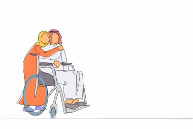 Tek sıra halinde, araba kazasından sonra tekerlekli sandalyedeki Arap adamı ve karısını cesaretlendirmek için. Karşılıklı bakım, engelli insanları toplumda eşit hale getirdi. Devamlı çizgi tasarım vektörü