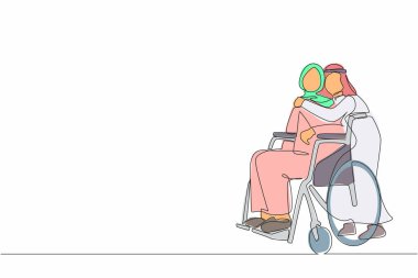 Araba kazasından sonra tekerlekli sandalyedeki Arap kadını ve kocasını cesaretlendirmek için sürekli bir çizgi. Karşılıklı bakım, engelli insanları toplumda eşit hale getirdi. Tek çizgi çizme tasarım vektörü