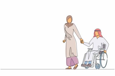 Sürekli çizilen bir çizgi, engelli kocasıyla parkta yürüyen Arap bir kadın, tekerlekli sandalyedeki bir adam. Engellilerin rehabilitasyonunda yardım. Hoş bir çift. Tek çizgi çizimi tasarım vektörü grafiği