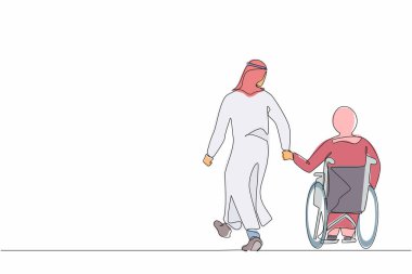 Tekerlekli sandalyedeki sevgili engelli karısıyla tek sıra halinde geri çekilen Arap adam gezintiye çıkıyor. Fiziksel engelli bir kadın ve kocası dışarıda. Bir çizgi grafik tasarım vektörü