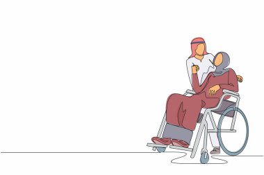 Tekli sıra, tekerlekli sandalyede oturan engelli Arap karısını kucaklayan koca çiziyor. Çift birbirine sevgiyle bakıyor. Engelli bir kadının elini tutan adam. Devamlı çizgi tasarım grafik vektörü