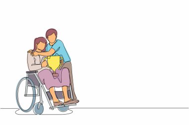 Tekerlekli sandalyedeki engelli kadının başarılarından ve zaferinden duyduğu hazzı kocasıyla paylaşması. Engelli insanlar sporda başarılıdır. Tek çizgi tasarım vektörü