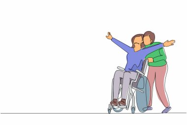 Tekerlekli sandalyedeki mutlu engelli kadını sevgili kocasıyla dışarıda yürürken, eğlenirken, birlikte vakit geçirirken sürekli bir çizgi çiziyor. Engelli çift eğleniyor. Tek çizgi tasarım vektörü