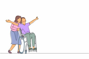 Tekli sıra, tekerlekli sandalyede mutlu engelli bir adamı sevgili karısıyla dışarıda yürürken, eğlenirken, birlikte vakit geçirirken çekiyor. Engelli çift eğleniyor. Bir çizgi çizme tasarım vektörü