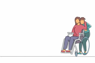Tek sıra halinde tekerlekli sandalyede oturan kadını çizerken kocası arkada durup ona sarılıyordu. Rehabilitasyon sırasında karısını destekleyen adam. İlişki kavramı. Tek çizgi çizme tasarım vektörü