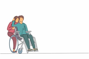 Tek sıra halinde tekerlekli sandalyede oturan adamı çizerken karısı arkada durup ona sarılıyor. Rehabilitasyon sırasında kocasına destek olan kadın. İlişki kavramı. Devamlı çizgi çizim tasarım vektörü