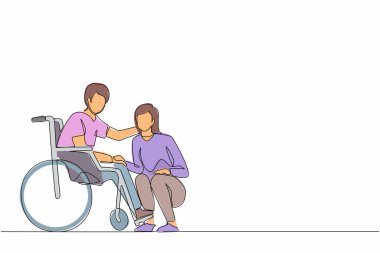 Tekli sandalyedeki adamın önünde diz çökmüş genç bir kadın çiziyor. Tekerlekli sandalyede oturan engelli koca karısını hastanenin koğuşunda tutuyor. Devamlı çizgi tasarımı grafik vektör illüstrasyonu