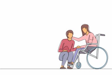 Tekli sıra, tekerlekli sandalyedeki kadının önünde diz çöken genç adamı çekiyor. Tekerlekli sandalyede oturan engelli bir kadın kocasını hastanenin koğuşunda tutuyor. Bir çizgi grafik tasarım vektör çizimi