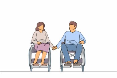Tekerlekli sandalyedeki engelli insanların mutlu ve aktif yaşam tarzı konseptini çizmesi. Tekerlekli sandalyede oturan ve el ele tutuşan mutlu engelli erkek kadın. Bir çizgi çizme tasarım vektörü