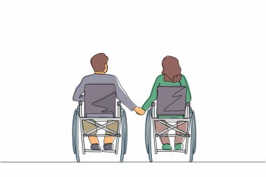 Tekerlekli sandalyedeki engelli insanların mutlu mesut yaşadıkları tek bir çizgi var. Tekerlekli sandalyede oturan ve el ele tutuşan engelli çift. Tek çizgi çizme tasarım vektörü