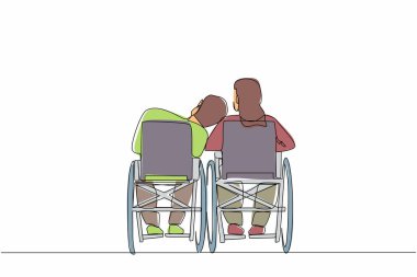 Arkaya bakan engelli bir çift sürekli olarak tekerlekli sandalyede oturup birbirleriyle konuşuyorlar. Erkekler başlarını kadınların omuzlarına yaslar. Özürlü insanlar. Tek çizgi çizme tasarım vektörü