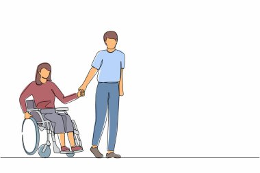 Tek sıra çizen koca engelli karısı ve tekerlekli sandalyedeki kadınla parkta yürüyor. Engellilerin rehabilitasyonunda yardım. Hoş bir çift. Devamlı çizgi çizimi tasarım vektörü illüstrasyonu