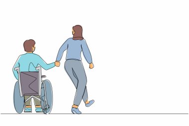 Tekli sandalyedeki sevgili engelli kocasıyla tek sıra halinde geri görüşlü kadın gezintiye çıkıyor. Fiziksel engelli genç bir adam ve karısı dışarıda. Bir çizgi çizme tasarım vektörü