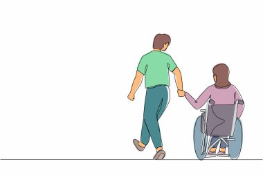 Tekerlekli sandalyedeki sevgili engelli karısıyla arka plan görüşlü adam gezintiye çıkıyor. Fiziksel engelli genç bir kadın ve kocası dışarıda. Tek çizgi çizme tasarım vektörü