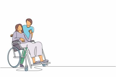 Tekli sıra. Tekerlekli sandalyede oturan engelli bir kadını kucaklayan koca. Çift birbirine sevgiyle bakıyor. Engelli bir kadının elini tutan adam. Bir çizgi çizimi grafik tasarım vektörü