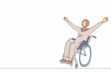 Tekerlekli sandalyede oturan, mutlulukta el kaldıran, rehabilitasyon konsepti. Tekerlekli sandalyedeki mutlu genç kadın. Tek çizgi çizimi tasarım vektörü grafik çizimi