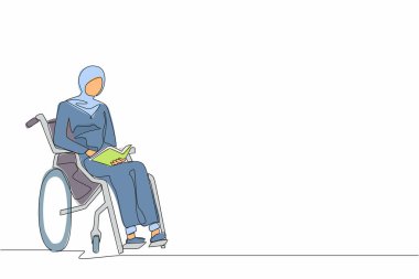 Tekerlekli sandalyede oturan genç, pozitif sakat öğrencilerin çizdiği bir satır sürekli kitap okuyor. Üniversitede okuyan Arap engelli bir kadın. Tek çizgi çizimi tasarım vektörü grafik çizimi