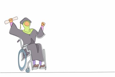 Sürekli bir çizgi, engelli bekarları çekiyor, eğitim kavramını da kapsıyor. Genç, mutlu bir Arap kadın, diplomasını elinde tutuyor ve tekerlekli sandalyede oturuyor. Tek çizgi çizimi tasarım vektörü grafiği
