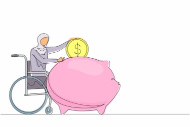 Tek sıra halinde mutlu, engelli bir Arap kadın para biriktiriyor. Tekerlekli sandalyede elinde domuz kumbarası olan ve parayı düşünen biri. Engelli, finans konsepti. Devamlı çizgi çizimi grafik vektörü
