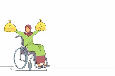 Elinde para çantası tutan Arap iş kadını çizmeye devam ediyor. Engelli tekerlekli sandalyeli kadın için engelli sigortası ödemeleri. Koruma programı. Tek çizgi çizimi tasarım vektörü grafiği