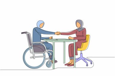 Tek sıra halinde maluliyet maaşı. Engelli Arap kadın, yeni işyerini tanıtan patron ya da meslektaşıyla tekerlekli sandalyede el sıkışıyor. Devamlı çizgi çizimi grafik vektörü