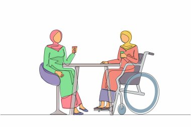 İki Arap iş kadınının iş toplantısında konuştuğu tek sıra. Meslektaşlar kahve molası verir. Engelli erkek arkadaşıyla kahve içiyor. Bir çizgi çizimi tasarım vektörü illüstrasyonu