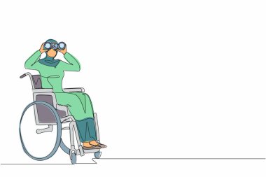 Tek sıra halinde, yeni fikirler, çözümler ve kararlar arayan, tekerlekli sandalyedeki başarılı Arap iş kadını. Fırsat kavramını keşfet. Devamlı çizgi çizimi grafik vektörü