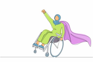 Tekli sandalye karakter konseptinde oturan Arap kadını çizen tek satır. Özürlü bir süper kahraman, zihin gücü. Asla pes etme. Aralıksız çizgi çizimi tasarım grafik vektör çizimi