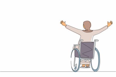 Tekli sandalyede oturan Arap iş kadını, mutluluk ve rehabilitasyon için kollarını kaldırıyor. Mutlu insan sevinçten ellerini kaldırıyor. Bir çizgi grafik tasarım vektörü