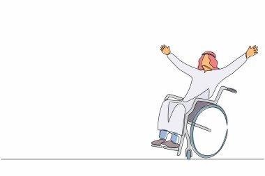 Tekli sandalyede oturan, mutluluk için elini kaldıran, rehabilitasyon konsepti olan tek bir Arap çizgisi. Tekerlekli sandalyedeki mutlu genç adam. Bir çizgi çizimi grafik tasarım vektör çizimi
