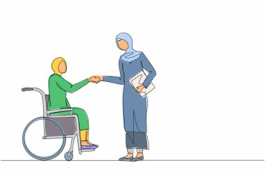 Tekli sandalyede iş ortağıyla tokalaşan sakat Arap iş kadını çizgisi. İş arkadaşımla engelli yöneticiler diyaloğu. Bir çizgi çizimi grafik tasarım vektörü